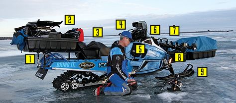 Trick Out a Snowmobile to Turn It Into an Icefishing Machine | Outdoor Life White Perch, Ice Fishing Sled, Facts About Fish, Blue Catfish, Ice Fishing Gear, Turkey Hunting Gear, Bull Moose, Chrome White, Walleye Fishing