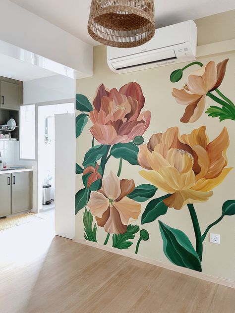 Flower Mural Bathroom, Floral Wall Mural Painting, Peony Mural, Rose Mural, Fun Mural, Dining Room Mural, Wall Painting Flowers, Dining Room Murals, Wall Drawings