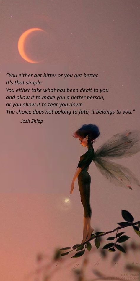 Quote: “You either get bitter or you get better. It's that simple. You either take what has been dealt to you and allow it to make you a better person, or you allow it to tear you down. The choice does not belong to fate, it belongs to you.”
― Josh Shipp Fairy Quotes, Better Quotes, Creation Photo, Photo Montage, Montage Photo, Better Person, A Breath Of Fresh Air, Art Life, My Spirit