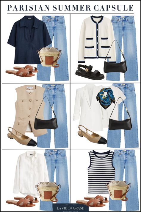 Parisian Inspired Summer Capsule 2023 | LaVieOnGrand Nantucket Summer Outfits, Parisian Capsule Wardrobe, Capsule 2023, French Inspired Fashion, Wardrobe Challenge, Classic Casual Style, Ultimate Capsule Wardrobe, Parisian Outfits, Looks Jeans