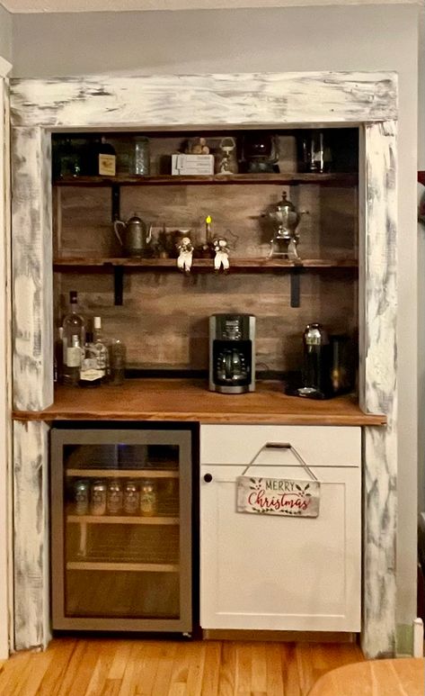 This was a closet off our kitchen that we turned into a coffee bar. Cubby Bar Ideas, Coffe Closet, Home Library With Coffee Bar, Pantry Converted To Coffee Bar, Coffee Bar In Closet Ideas, Coffee Bar Closet Ideas, Coffee Bar In A Closet, Coffee Closet Ideas, Closet Turned Butlers Pantry