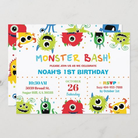 Vibrant Cute Little Monsters Boy 1st Birthday Invitation First Birthday Theme Boy, Little Monster Party, Monster First Birthday, Monster Invitations, Orange Monster, Little Monster Birthday, Monster 1st Birthdays, Boys 1st Birthday Party Ideas, Monster Birthday Parties