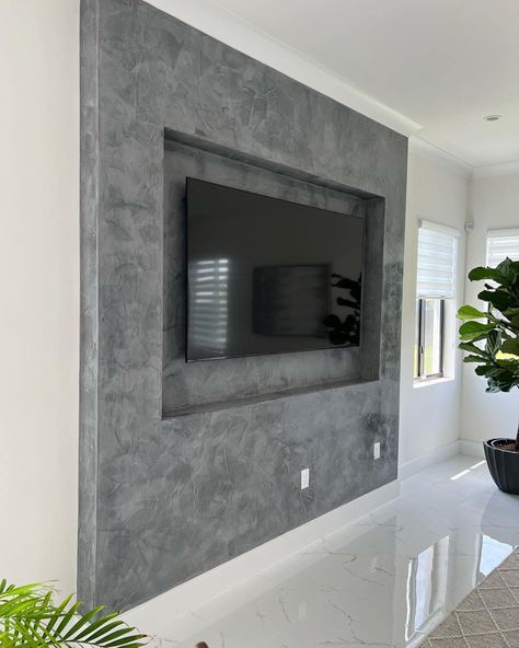 Beautiful, elegant venetian plaster TV accent wall for this home, custom gray color, 🖤 just spectacular, Exotic Style! Gray Venetian Plaster Walls, Venetian Plaster Tv Wall, Venetian Plaster Walls Bedroom, Venetian Plaster Media Wall, Plaster Tv Wall, Plaster Accent Wall, Venetian Plaster Fireplace, Tv Accent Wall, Venetian Decor