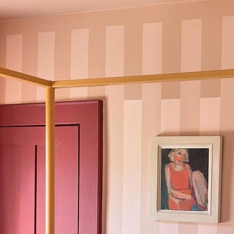 The House On Dolphin St on Instagram: "Trois Couleurs Rose. I hand painted these hypnotic stripes using my three fave pinks from @farrowandball Templeton Pink, Setting Plaster and Pink Ground. Oh and not forgetting the delicious Eating Room Red on the woodwork.

#gifted Both walls and woodwork were painted using F&B’s new finish Dead Flat 

#threecolourspink #handpainted #stripes #bedroominspo #renovation #interiordesign #reno #cottagecore #interiordesigner #farrowandball #paint #welshblanket #artwork #artist" Pink Ground, Paint Stripes On Wall, Diy Striped Wall, Setting Plaster Bathroom, Striped Painted Walls, Hand Painted Stripes On Wall, Hand Painted Striped Walls, Stripe Paint Ideas For Walls, Stripe Wall Paint Ideas