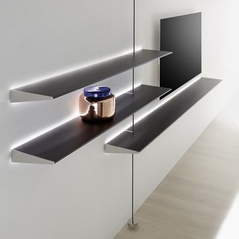 Wall shelf RAY By YOMEI design André Schelbach Flat Renovation Ideas, Led Shelves, Flat Renovation, Hallway Entrance, Wall Shelves Design, Shelf Lighting, Moon Pictures, Shelf Design, Tv Console