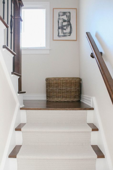 Home DIY Styling | House of Hire Stair Runner New Build, Stair Styling Ideas, Flooring For Stairs And Landing, Stair Runner Split Level, How To Style Stair Landing, White Steps With Runner, Runner Down Stairs, Stair Runner Farmhouse, Staircase Runner With Rods