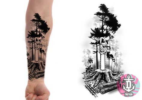 Skidder Tattoo, Tree Logger Tattoo, Firewood Tattoo, Lumberjack Tattoo Ideas, Chainsaw Chain Tattoo, Logging Tattoo Ideas, Chainsaw Tattoo Ideas, Arborist Tattoo Ideas, Arborist Tattoo