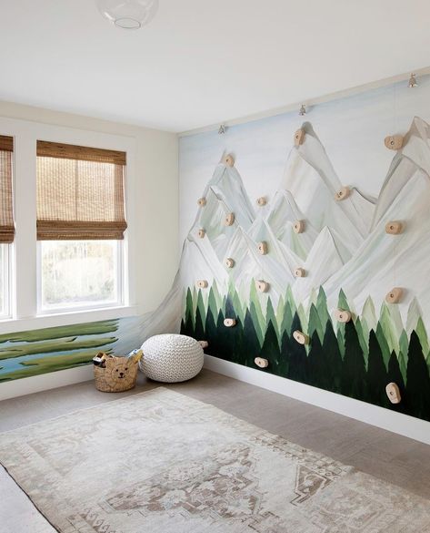 Mountain Rock Climbing Wall, Mountain Themed Playroom, Kids Rock Climbing Wall Indoor, Mountain Playroom, Playroom Accent Wall Ideas, Hgtv Rock The Block, Playroom Wall Mural, Dave And Jenny Marrs, Kids Rock Climbing