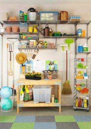 49 Brilliant Garage Organization Tips, Ideas and DIY Projects Tool Organization Ideas, Potting Station, Organized Garage, Garage Organization Tips, Garden Tool Organization, Storage Center, Wire Shelves, Garage Organize, Garage Shed