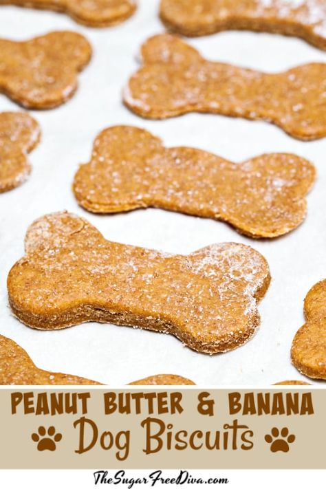 Peanut Butter and Banana Dog Biscuits #easy #dog #pets #homemade #diy #cookie #bones #biscuits #pet #recipe #treats Air Fryer Dog Treats, Banana Dog Biscuits, Sugarfree Cookies, Dog Cookie Recipes, Homemade Dog Cookies, Easy Dog Treat Recipes, Peanut Butter And Banana, Dog Biscuit Recipes, Easy Dog Treats