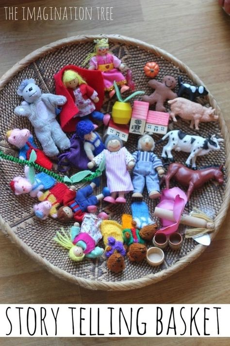 Keep a basket of small toys and figures for visual storytelling. | 31 Clever And Inexpensive Ideas For Teaching Your Child At Home Storytelling Basket, Illustration Fairytale, Imagination Tree, Illustration Book, Preschool Literacy, Fairytale Illustration, Fairytale Art, Early Literacy, Reggio Emilia