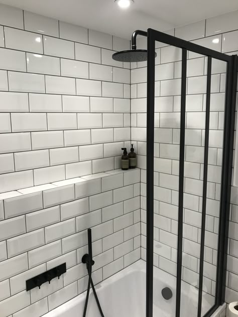 White Metro Tiles Bathroom Grey Grout, Black And White Metro Tiles Bathroom, White Bathroom Tiles With Grey Grout, White Tiles Grey Grout Bathroom, White Tiles Black Grout Bathroom, Bathroom Black Grout, White Metro Tiles Bathroom, Metro Tile Bathroom, Small Black And White Bathroom Ideas