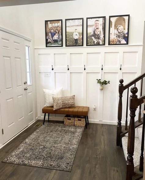 Foyer Ideas Entryway Family Photos, Tall Entryway Wall Ideas, Long Hall Entryway, Tall Entry Way Ideas, Wall Behind Front Door, Entryway Ideas Long Entry Hall, Entryway Wall Design, Entryway Open Concept, Front Entryway Ideas With Stairs