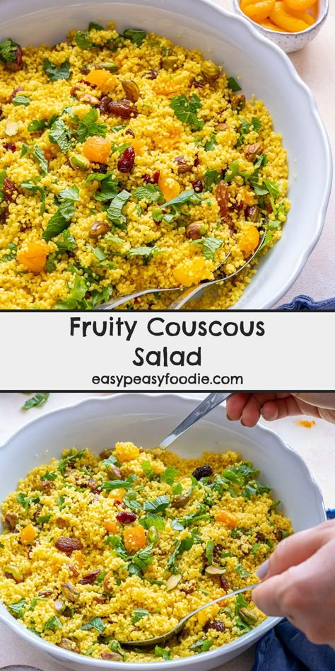 This Fruity Couscous Salad is wonderful combination of couscous, dried fruit, pistachios and fresh herbs, finished with a simple lemon, turmeric and cinnamon dressing. So quick and easy to make but unbelievably delicious! Perfect for picnics, barbecues, potlucks and buffets. (Serves 4-8, depending on appetite and accompaniments.) Fruity Couscous Recipe, Alternative Salads, Moroccan Couscous Salad, Cinnamon Dressing, Couscous Salad Recipes, Moroccan Couscous, Creamy Potato Salad, Couscous Recipes, Couscous Salad