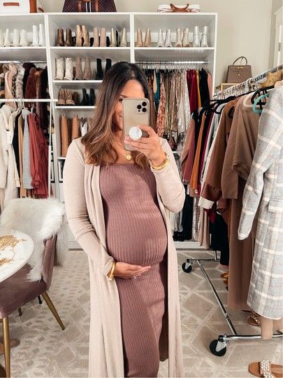 Fitted Maternity Dress Outfit, February Maternity Outfits, October Baby Shower Outfit For Mom, Pregnancy Church Outfit, Maternity Dress With Cardigan, Boho Baby Shower Outfit For Mom, Maternity Church Outfit, Fall Baby Shower Dress For Mom, Fall Baby Shower Outfit For Mom