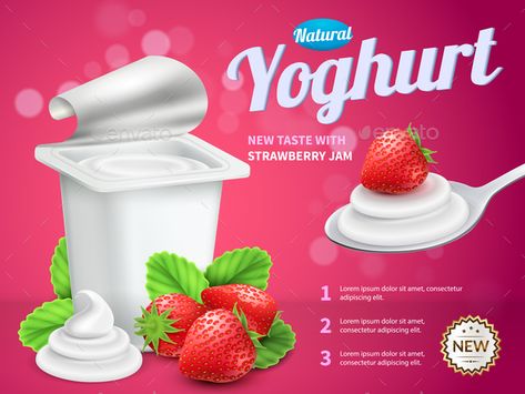 Yoghurt package advertising composition with strawberry yoghurt symbols realistic vector illustration Drink Poster Design, Meal Packaging, Yoghurt Packaging, Title Typography, Strawberry Yoghurt, Yogurt Packaging, Typography Wallpaper, Fresh Drink, Yogurt Drink