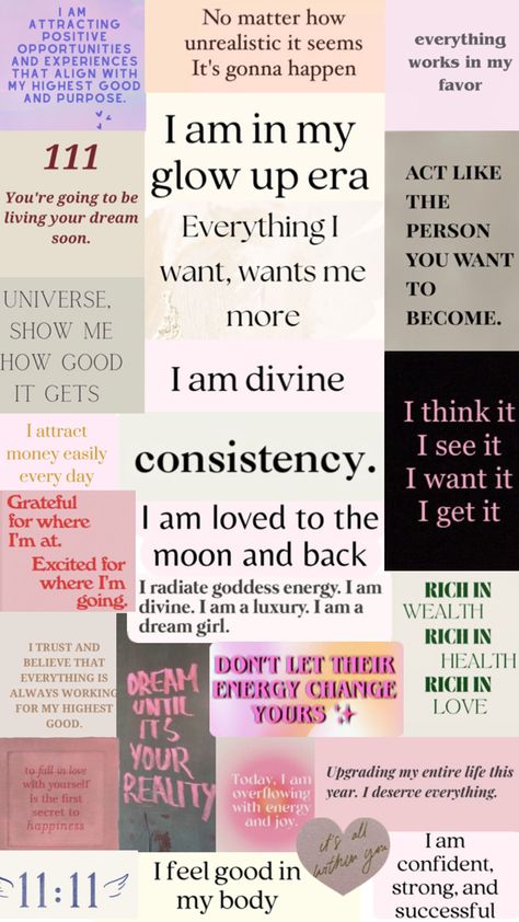 Law of attraction manifestation mood board Manifestation Mood Board, Creative Vision Boards, Vision Board Book, Basic Spanish Words, Vision Board Themes, Vision Board Kit, Positive Quotes Wallpaper, Vision Board Examples, Affirmation Board