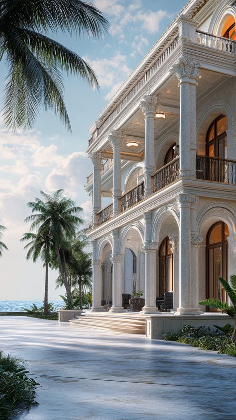 Oceanfront Mansion, Living By The Sea, Classic Mansion, Millionaire Homes, Luxurious Houses, Large Terrace, Beautiful Exterior, Miami City, Mansion Designs