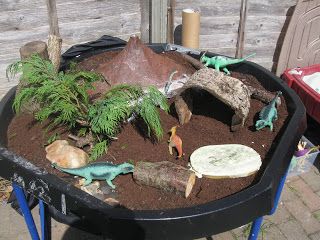 Dinosaur & Volcano Small World Dinosaur Volcano, Dinosaur Small World, Dinosaur Garden, Tuff Spot, Dinosaur Play, Nursery Activities, Dinosaur Activities, Tuff Tray, Play Spaces