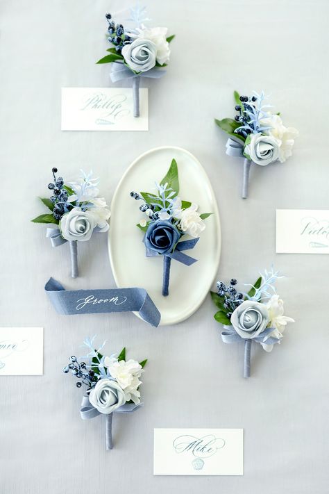 Bride Bouquets May Wedding, Blue Brides Bouquet, Dusty Blue Rustic Wedding Ceremony Decor, Dusty Blue Boutonniere Grooms, Dusty Blue And Ivory Wedding Theme, Centerpieces Wedding Dusty Blue, Dusty Blue And Sage Green Wedding Flowers, Dusty Blue Wedding Bouquet Brides, Blue Floral Wedding Dress