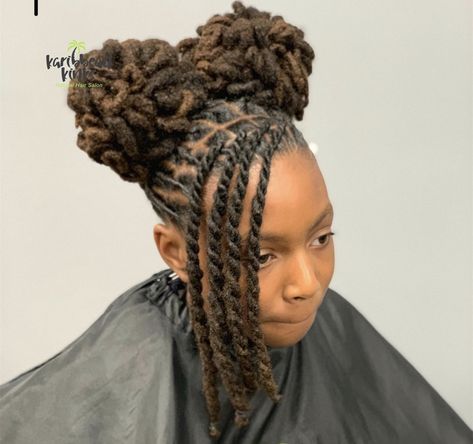 Locs In Two Ponytails, 2 Bun Loc Style, Long Dreads Styles For Women Black Loc Hairstyles, Hair Styles For Locs Dreadlocks, Curled Loc Styles, Dreadlock Ponytail Hairstyles Women, Locs Hairstyles Ponytails, Girl Dreads Styles, Hairstyles With Dreads