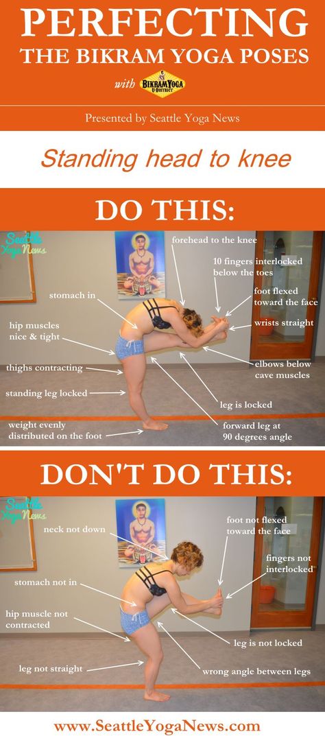 bikram-yoga-poses-standing-head-to-knee Yoga Poses Standing, Knee Yoga, Bikram Yoga Poses, Poses Standing, Yoga Handstand, Bow Pose, Yoga Mantras, Yoga Iyengar, Yoga Positions