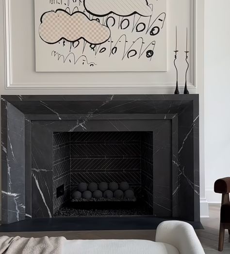 Dark Marble Fireplace Surround, Black Quartz Fireplace, Black Marble Fireplace Surround, Styled Fireplace, Black Granite Fireplace, Marbella House, Black Marble Fireplace, Mid Century Transitional, Granite Fireplace