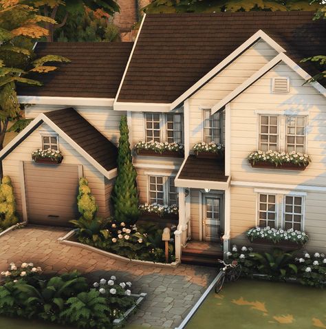 Sims Open Floor Plan, Sims 4 Build Ideas Exterior, Sims Craftsman House, Sims 4 2 Story Houses, Sims House Outside, Sims 4 Aesthetic House Exterior, Family Home Exterior Sims 4, Sims 4 House Color Scheme, Sims 4 Home Exterior