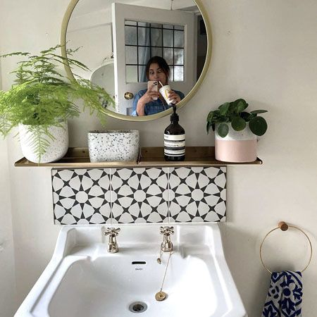 Downstairs Loo Tiles, Small Splashback Bathroom, Tiled Sink Splashback Bathroom, Downstairs Toilet Sink Splashback, Tiled Bathroom Sink Backsplash, Splashback Bathroom Sink, Small Sink Splashback, Tile Above Bathroom Sink, Tiles Behind Sink Bathroom