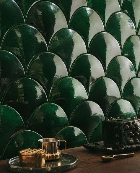 Otto Tiles & Design (@ottotiles) • Instagram photos and videos Green Scallop Tile, Green Fish Scale Tiles, Fishscale Tile Bathroom, Fish Scale Tile Bathroom, 1920s Apartment, Terracotta Interior, Green Ceramic Tile, Fish Scale Tiles, Scale Tile