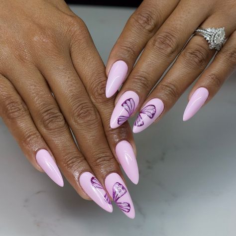 Kim ✨| Private Gel X Nail Studio in North Raleigh | Obsessed with this pink butterfly! . . . . . Long almond tips @apresnailofficial Lilac mirror chrome @daily_charme #gelxnails… | Instagram Butterfly Chrome Nails, Lilac Nails Design Butterfly, Almond Shape Nails Butterfly, Lilac Almond Nail Designs, Pink Chrome Butterfly Nails, Nail Studio, Pink Butterfly, Chrome Nails, Almond Nails