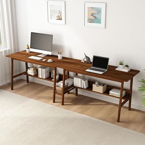 Amazon.com: NELYE 2-Person Writing Desk with Bookshelf - 94" Wooden Extra Long Home Office Work Table, Double Study Computer Workstation with Storage Shelves in Walnut, 94" W x 24" D : Home & Kitchen Long Home Office, Office Work Table, Gamer Table, Person Writing, Desk With Bookshelf, Timber Desk, Study Computer, Long Desk, Office Plan