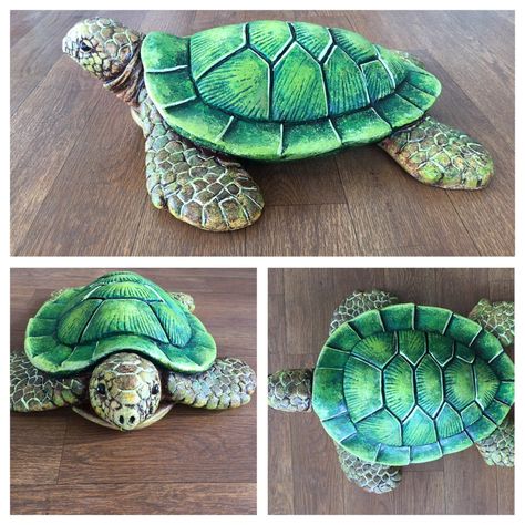 Sea Turtle Sculpture, Painted Turtle Shell, Turtle Diy Crafts, Ceramic Turtle Painting Ideas, Turtle Pottery Painting, Paper Mache Turtle, Ceramic Turtles, Turtle Pottery, Painted Turtles