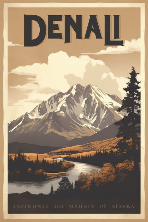 Alaska Artwork, Denali Mountain, Tourist Poster, Alaska Poster, Hygge Winter, Dorm Aesthetic, Alaska Mountains, Train Illustration, Alaska Art