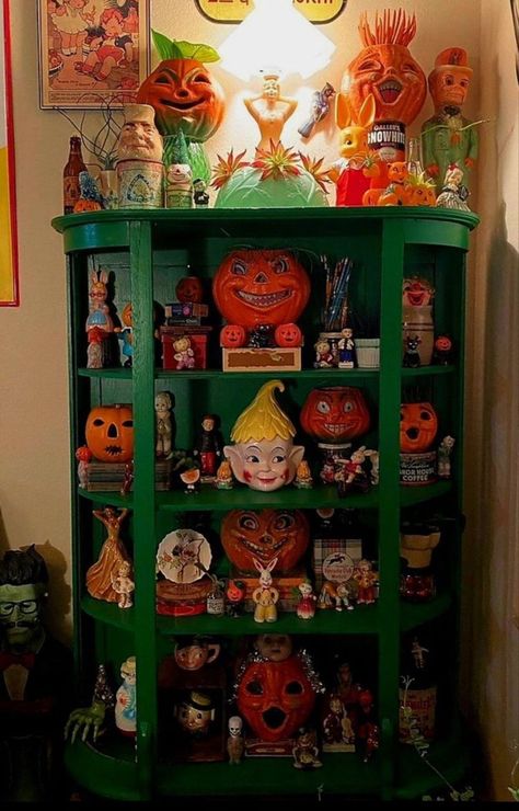 Halloween Dining Room, Blow Molds, Colorful Halloween, Hutch Decor, Vintage Collections, Halloween Room Decor, Halloween 4, Halloween Time, Vintage Halloween Decorations