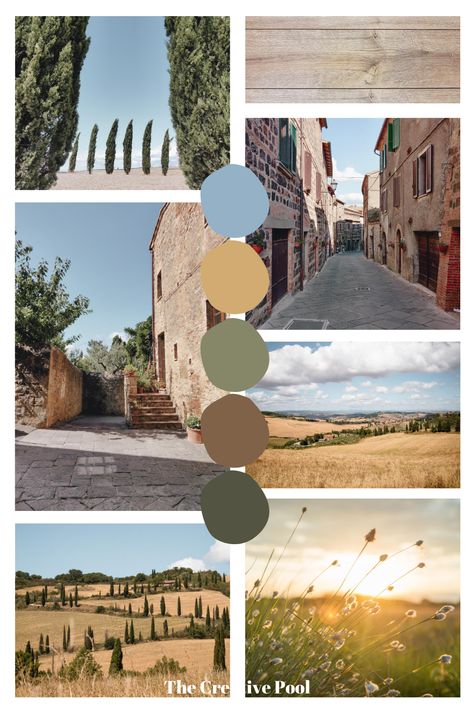 Earth Tone Color Palette Blue And Green, Earth Tone Blue Color Pallets, Winery Mood Board, Earth Tones With A Pop Of Color, Tuscany Colour Palette, Ireland Color Palette, Winery Color Palette, Italian Mood Board, Italy Colour Palette