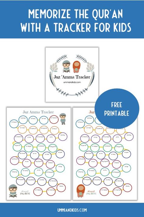 Help your child memorize the last juz of the Qur'an, Juz Amma, with this cute printable tracker | Muslim Homeschool | Learn Qur'an Quran Memorization Chart, Juz Amma Tracker, Islam Learning, Ramadan Tracker, Quran Tracker, Teaching Kids Manners, Early Education Activities, Islamic Parenting, Quran Journaling