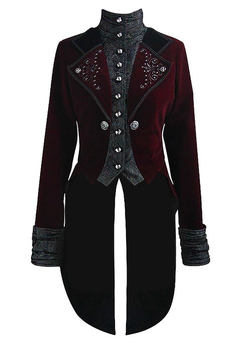 Nouveau produit : Red velvet jacket embroidery and black high collar elegant aristocrat Devil Fashion Vous aimez ? / New product do you like ?  Prix: 117.90  #new #nouveau #japanattitude #vestes #manteaux #gothique #gothic #elegant #aristocrat #victorien #victorian #jacket #red #woman #pattern #embroidery #velvet #tail #goth #vampire #baroque #devil #fashion #devilfashion #ct119 Vampire Tuxedo, Dark Victorian Fashion, Vampire Prom Suit, Vampire Suit Aesthetic, Vampire Wedding Tuxedo, Baroque Clothing, Vampire Suit, Black And Red Tuxedo, Gothic Tuxedo