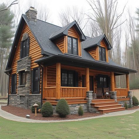 Black Window Trim Interior Log Cabin, Log Cabin Black Roof, Exterior Cabin Design, Black Log Cabin Homes, Log Home Stain Colors Exterior, Log Cabin Front Door Color Ideas, Log Cabin Front Door Colors, Modern Log Cabin Exterior, Wood Siding House Exterior