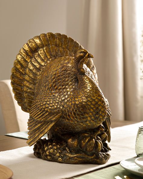 Add countryside elegance to your Thanksgiving celebrations. Perch our antiqued turkey centerpiece on the dinner table or mantel among lush fall foliage to create an inviting scene. | 17" Brass Bronzed Tabletop Turkey, Width 13.5 in by Balsam Hill Realistic Christmas Trees, Turkey Decor, Slim Tree, Prelit Tree, Fall Accents, Balsam Hill, Fall Deco, Kitchen Ware, Thanksgiving Centerpieces