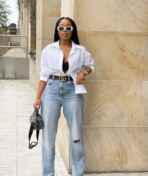 White Button Down Shirt Outfit Jeans Heels, Oversized Button-up Denim Top For Summer, Chic Button-up Jeans For Day Out, Denim Button-up Shirt For Day Out, Blue Jeans Outfit Summer, Chic Denim Button-up Top, Holey Jeans, Jean Button Up Shirt, White Shirt And Blue Jeans