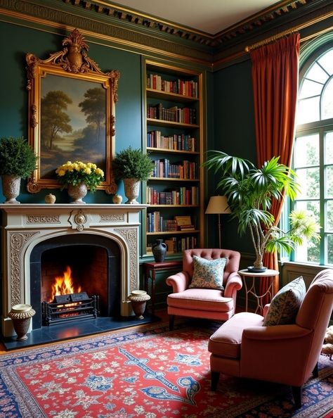 Victorian Living Room Bookshelves, Colonial Revival Living Room, Victorian Living Room With Fireplace, Victorian Style Fireplace, Victorian Homes Living Room, 1930 Living Room, Victorian Room Ideas, Victorian Living Room Ideas Modern, Victorian Homes Interior Living Room