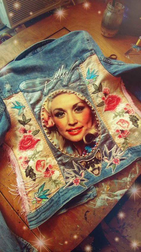 Dolly Parton Jean Jacket, Tiny Art, Painted Jeans, Custom Jacket, Dolly Parton, Artsy Fartsy, Denim Vest, Jean Jacket, Denim Jacket