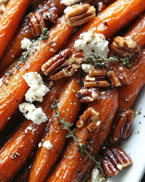 Thanksgiving Carrot Recipe, Candy Carrots Recipe, Christmas Dinner Side Dishes, Balsamic Carrots, Carrot Recipes Side Dishes, Thanksgiving Vegetable Sides, Pecan Halves, Crumbled Goat Cheese, Carrot Dishes