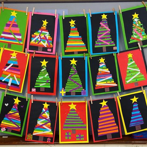 Primary Artists on Instagram: "🎄Oh Christmas Tree!🎄 A very simple and effective art lesson this week - coloured paper Christmas trees! Lots of room for creativity with this one🤩 all that’s needed is coloured paper/ card, glue and scissors and some stickers can be a nice add on also. I think most of the trees are going up tomorrow for the Toy Show so this lesson was a hit to kick off the Christmas festivities in the classroom 🥳 #kidsart #kidsartwork #kidsartclass #kidsartideas #christmas #chr Christmas Art Activity For Kids, Simple Classroom Christmas Decorations, Christmas Art Ideas For The Classroom, Paper Strip Christmas Tree, Ks2 Christmas Cards Ideas, Christmas Kindergarten Art, Christmas Tree Art Projects For Kids, Christmas Primary School, Christmas Tree Art For Kids