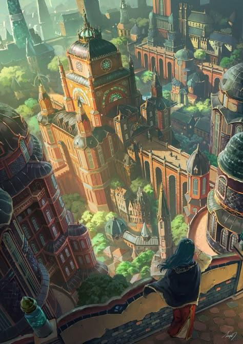 Fantasy University Concept Art, Fantasy Academy Concept Art, Dnd Fairytale, Dragon Academy, City Concept Art, Steampunk City, Building Aesthetic, Concept Art Tutorial, Architecture Background