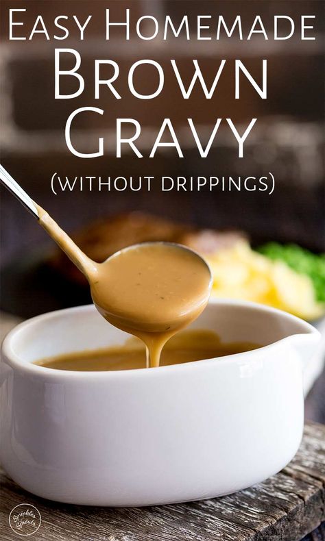 Learn how to make Homemade Brown Gravy from scratch. So easy, this gravy can be made without drippings as it is thickened with flour. The flavor comes from beef broth/stock whilst the rich texture comes from some butter and a splash of heavy cream. The perfect gravy for serving with your beef roast, pork chops or sausage and mashed potatoes. Sausage And Mashed Potatoes, Brown Gravy From Scratch, Make Brown Gravy, Gravy Without Drippings, Beef Gravy Recipe, Homemade Brown Gravy, Turkey Gravy From Drippings, Brown Gravy Recipe, Homemade Gravy Recipe