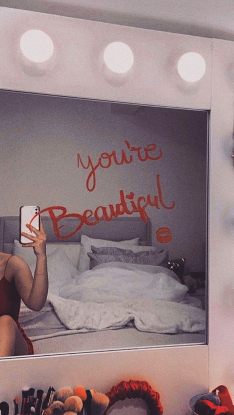 Red Lipstick Mirror Writing, Mirror With Lipstick Writing, Aestethic Self Love, Writing On Mirror With Lipstick, Lipstick On Mirror Aesthetic, Lipstick Mirror Writing, Mirror Writing Ideas, Lipstick On Mirror, Self Love Mirror