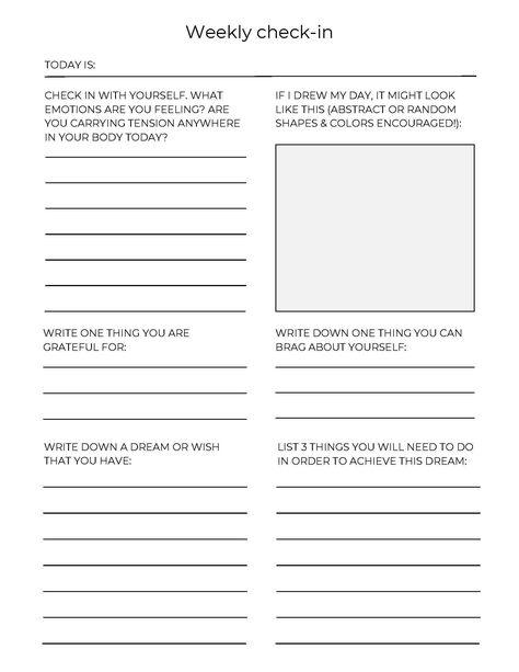 A Weekly Check-in prompt for Teens & Adults! Do you find it hard to start journaling? Do you need help with prompts? These are simple and to the point prompt sheets. What are your dreams and how do you get there? *This is a digitally downloaded product. There are two PDFs included in this digital download. Weekly Check In, Adult Worksheets, Date Journal, Start Journaling, Journal Gratitude, Healing Journaling, Gratitude Journal Prompts, Work Journal, Counseling Activities