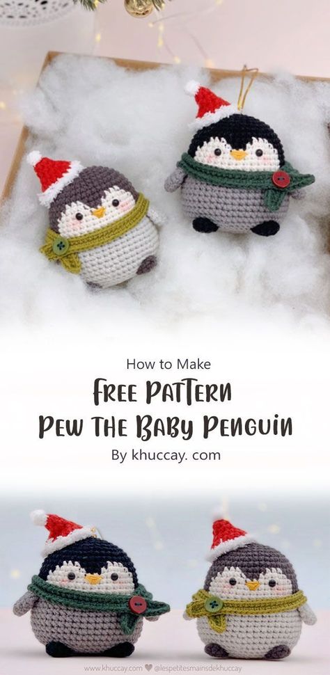 Crochet Ornament Patterns, Christmas Crochet Patterns Free, Crochet Penguin, Crochet Christmas Gifts, Crochet Xmas, Mode Crochet, Pola Amigurumi, Crochet Christmas Decorations, Crochet Animals Free Patterns